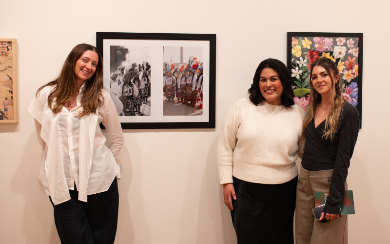 2025 Co-jurors Kelly Connors ’14 and Lida Venieri ’14 stand beside student awardee Therese Vasquez ’26 (center).